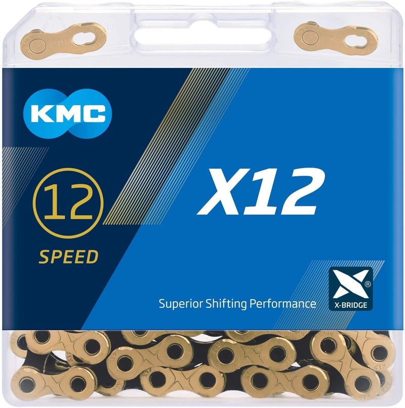 KMC سلسلة X12 بسرعة 12 | دراجة جبلية/طريق/حصى | متوافقة مع شيمانو، SRAM، كامبانيولو | 126 وصلة، وصلة مفقودة مشمولة | ذهبية/سوداء تي - Image 3